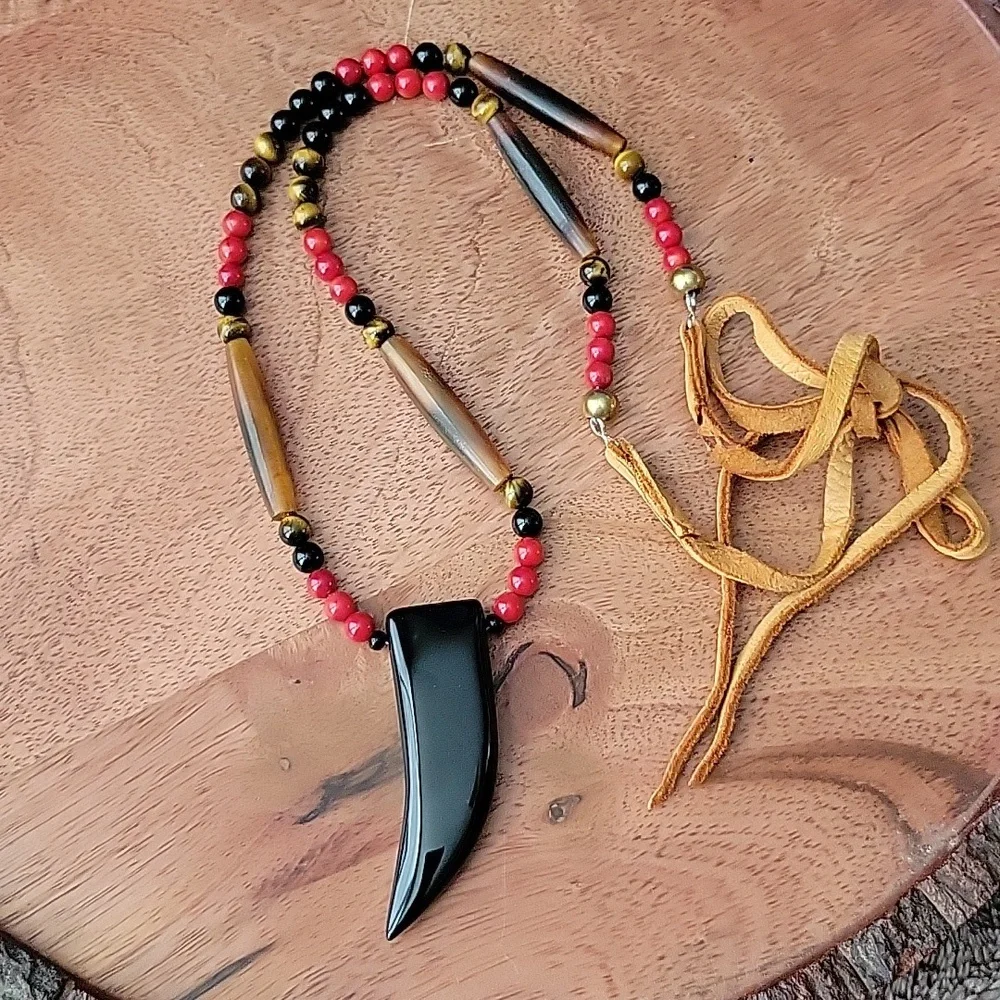 Southwestern Tiger Eye Onyx Hairpipe Bone Jasper Claw Necklace Biker Gift